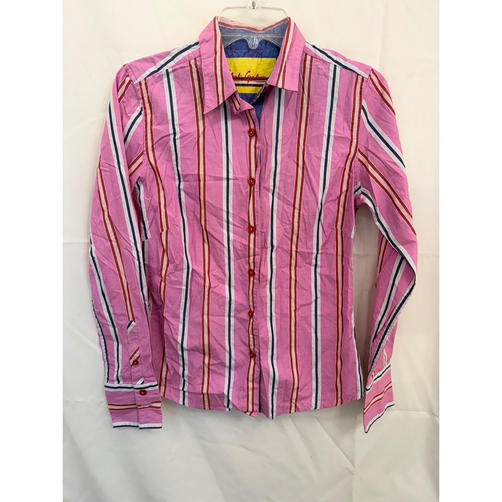 Robert Graham Women Pink Striped Button Down Shirt Long Sleeve Paisley Trim Sz 6